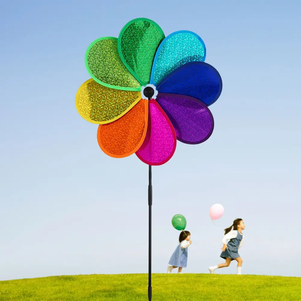 2-10PCS Flower Wind Spinner PVC Rotatable Colorful Rainbow Lawn Pinwheel Sparkly Garden Windmill for Garden Yard Party Decor