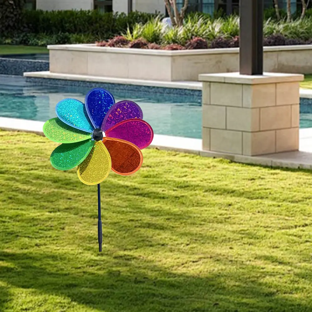 2-10PCS Flower Wind Spinner PVC Rotatable Colorful Rainbow Lawn Pinwheel Sparkly Garden Windmill for Garden Yard Party Decor