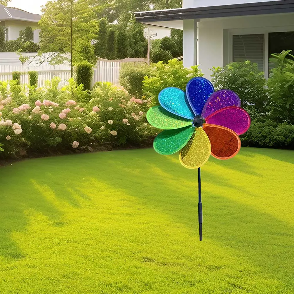 2-10PCS Flower Wind Spinner PVC Rotatable Colorful Rainbow Lawn Pinwheel Sparkly Garden Windmill for Garden Yard Party Decor