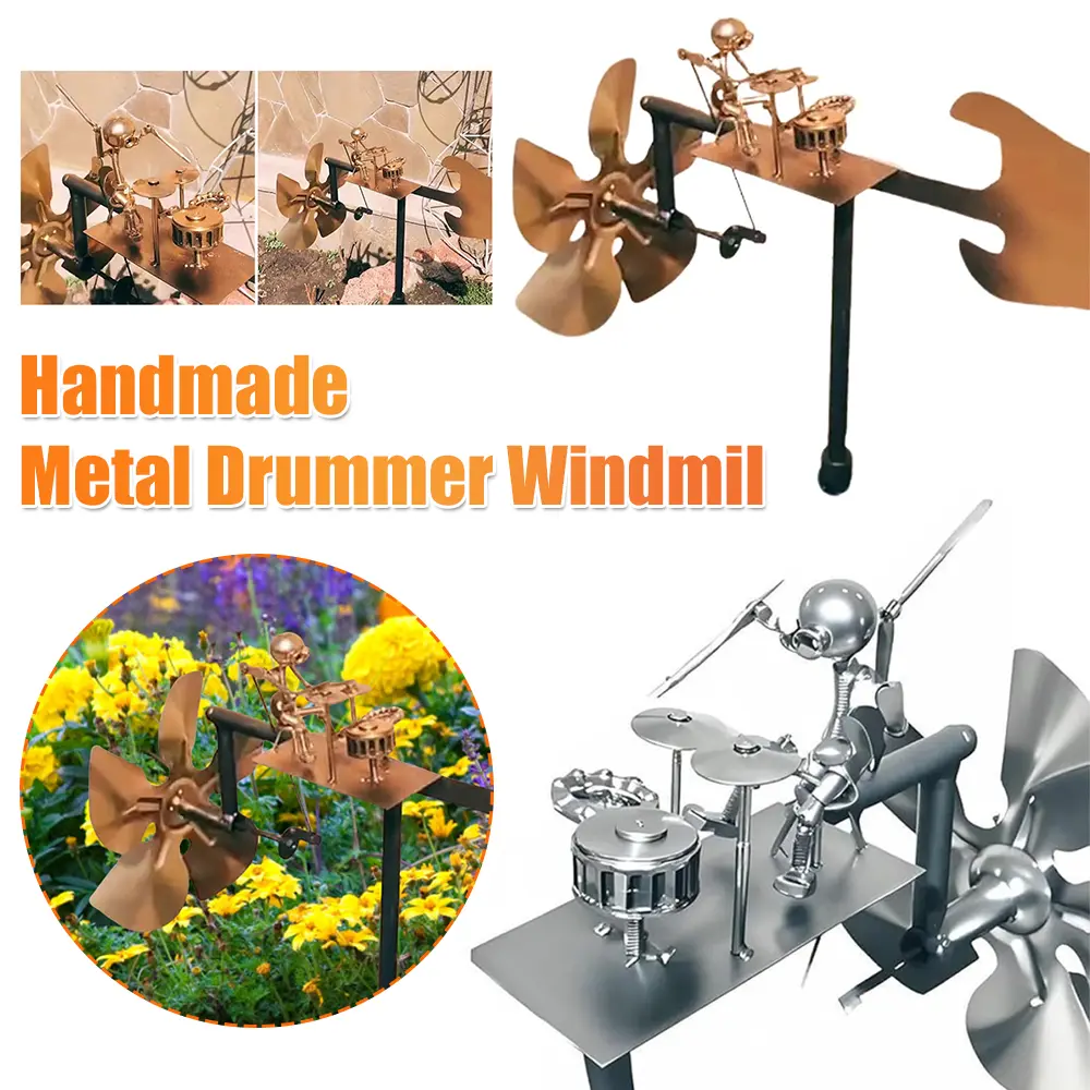 Metal Drummer Windmill Handmade Metal Percussionist Figurine Rockin Art Garden Decor for Music Lovers Collectors Yard Ornaments