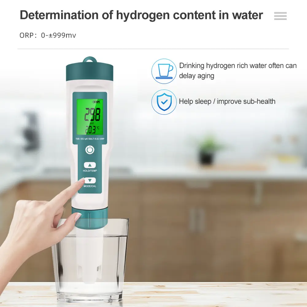 7-in-1 Water Tester Pool Salt Tester Multifunctional Water Analyzer LED Display PH/TDS/EC/SG/ORP/Salt/Temp Meter for Hydroponics