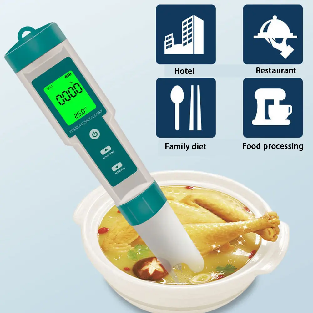 7-in-1 Water Tester Pool Salt Tester Multifunctional Water Analyzer LED Display PH/TDS/EC/SG/ORP/Salt/Temp Meter for Hydroponics