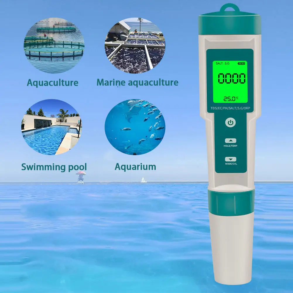7-in-1 Water Tester Pool Salt Tester Multifunctional Water Analyzer LED Display PH/TDS/EC/SG/ORP/Salt/Temp Meter for Hydroponics