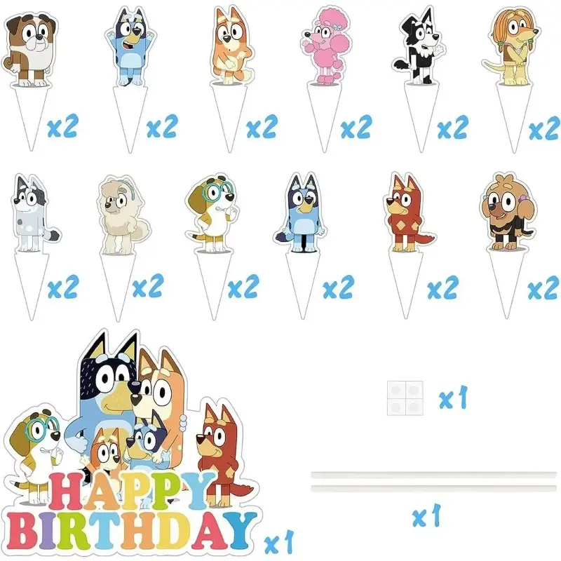 25Pcs/Set Bluey Theme Cake Decoration Cartoon Bingo Cupcake Top Happy Birthday for Kids Birthday Party Cake Dessert Decorations