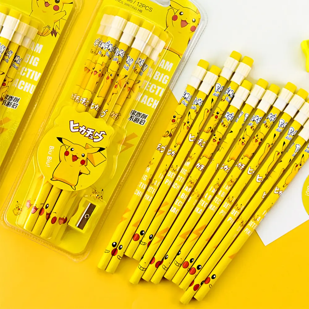 12pcs Pokemon Pikachu Pencil Anime Figure Cartoon Pencil Kawaii Student Stationery Kids Birthday Xmas Gifts