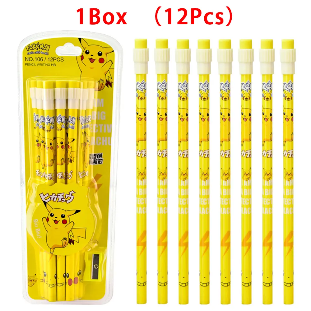 12pcs Pokemon Pikachu Pencil Anime Figure Cartoon Pencil Kawaii Student Stationery Kids Birthday Xmas Gifts