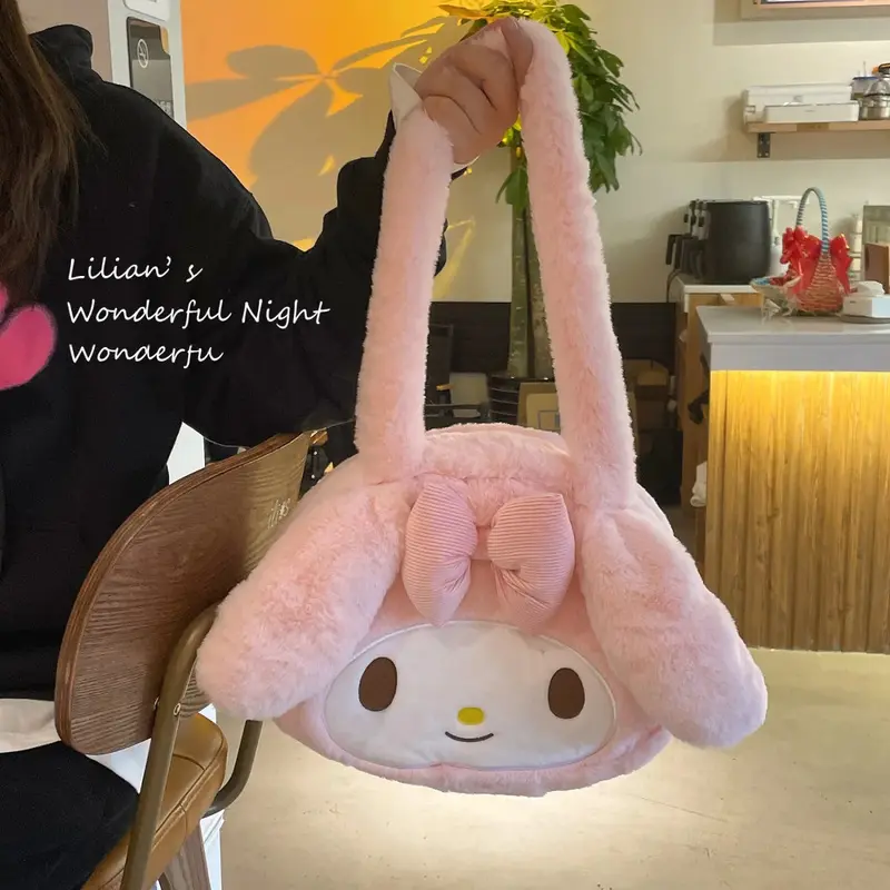 Sanrio Kawaii My Melody Kuromi Cinnamoroll Plush Shoulder Bag High Capacity Plush Messenger Bag Anime Cartoon Plushie Makeup Bag