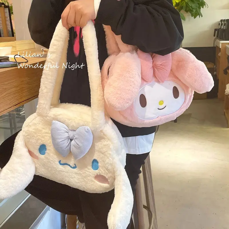 Sanrio Kawaii My Melody Kuromi Cinnamoroll Plush Shoulder Bag High Capacity Plush Messenger Bag Anime Cartoon Plushie Makeup Bag
