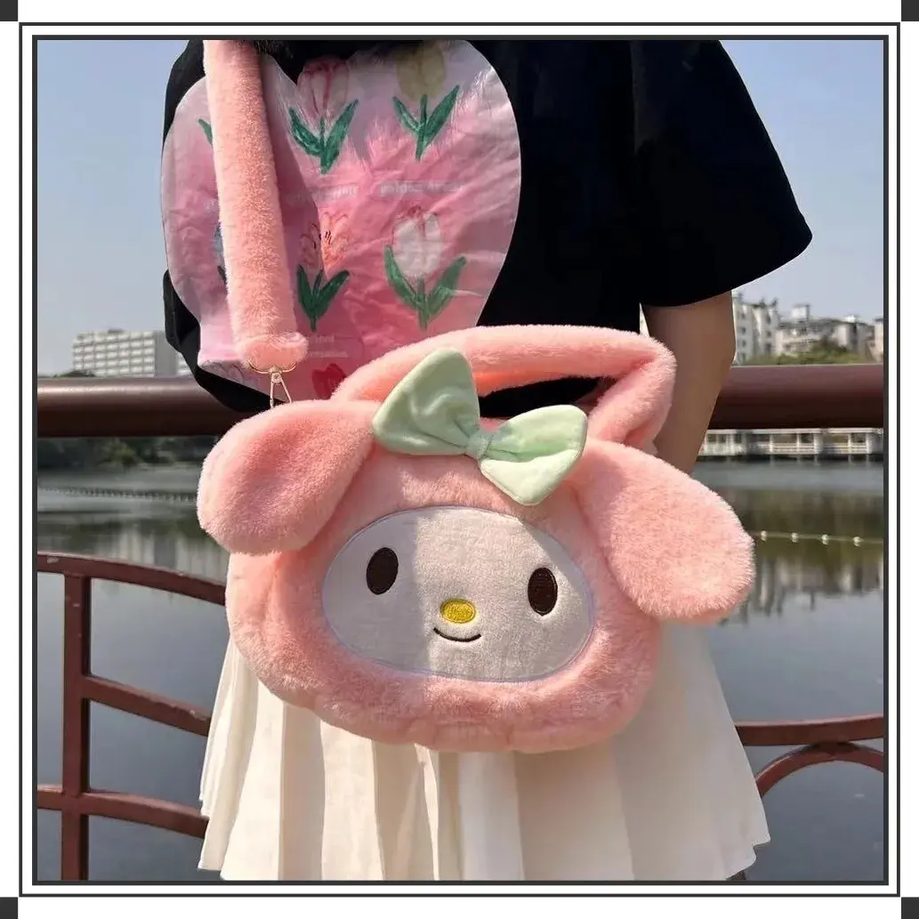 Sanrio Kawaii My Melody Kuromi Cinnamoroll Plush Shoulder Bag High Capacity Plush Messenger Bag Anime Cartoon Plushie Makeup Bag
