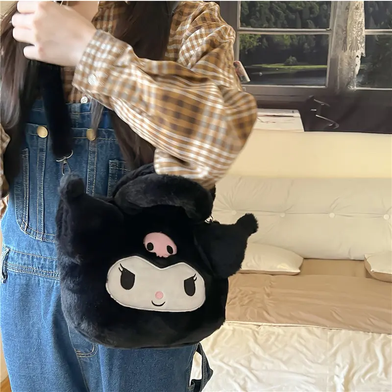 25cm Sanrio Plush Bag Kawaii Kuromi Cinnamoroll Melody Cartoon Anime Plush Handbag Crossbody Cosmetic Travel Storage Bags