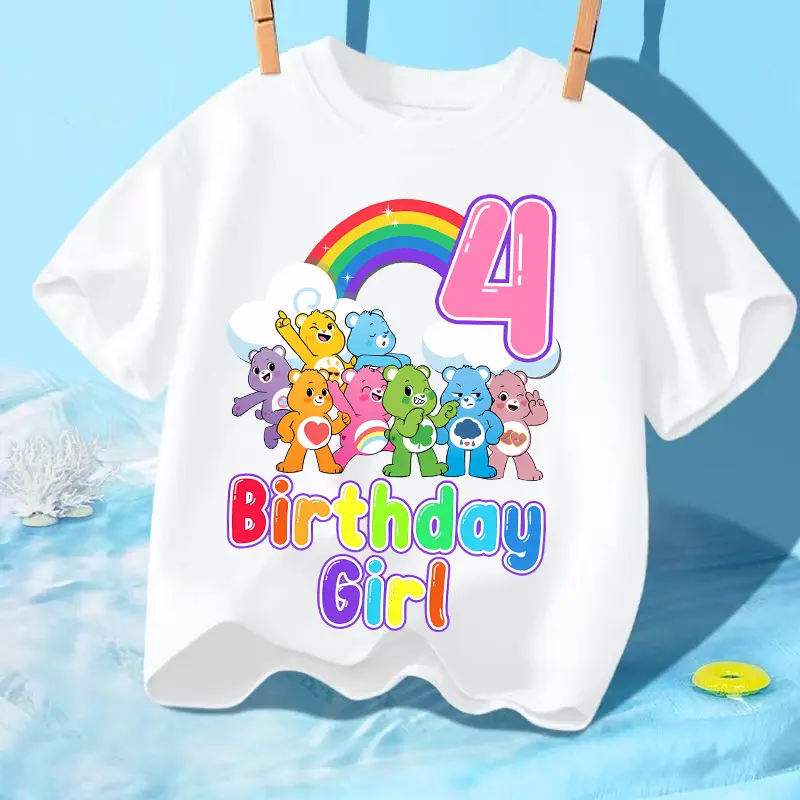 Rainbow Bear Children T-Shirts Anime Printed Birthday Number Figures Tops Cartoon Kids Summer Clothes Short Sleeves Pullover Tee