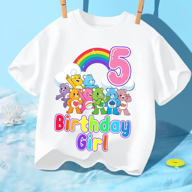Rainbow Bear Children T-Shirts Anime Printed Birthday Number Figures Tops Cartoon Kids Summer Clothes Short Sleeves Pullover Tee
