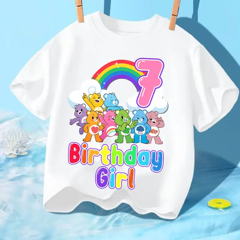 Rainbow Bear Children T-Shirts Anime Printed Birthday Number Figures Tops Cartoon Kids Summer Clothes Short Sleeves Pullover Tee