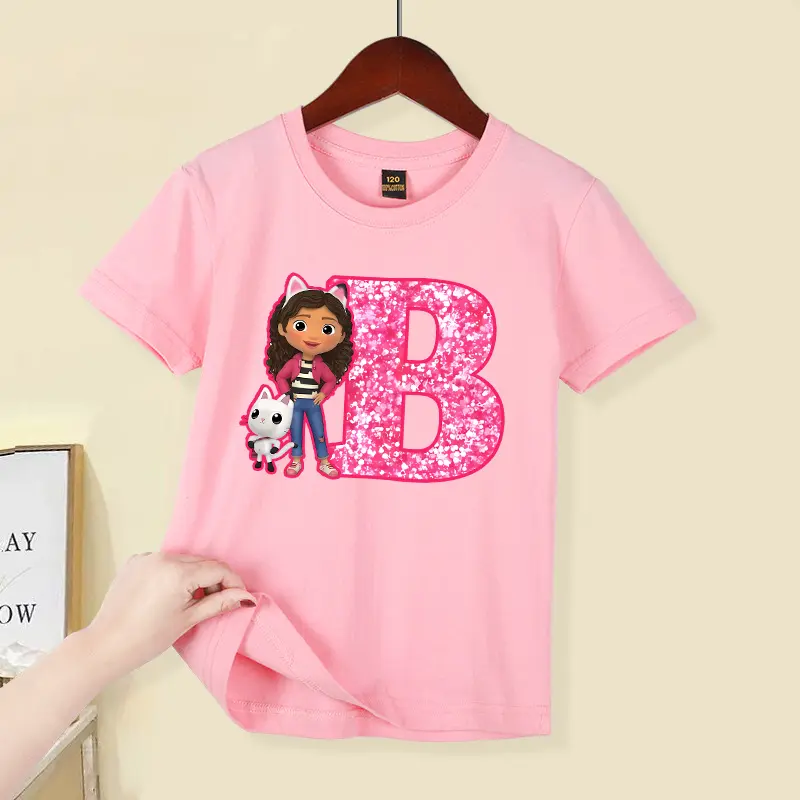 Gabby Dollhouse Child Short Sleeve T-shirt Cartoon Letters A-Z Print Polyester Tees Girls Summer Casual Tops Kids Clothing Gifts
