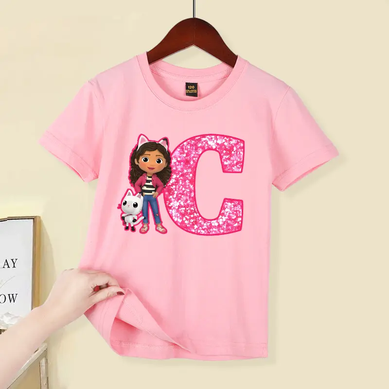Gabby Dollhouse Child Short Sleeve T-shirt Cartoon Letters A-Z Print Polyester Tees Girls Summer Casual Tops Kids Clothing Gifts
