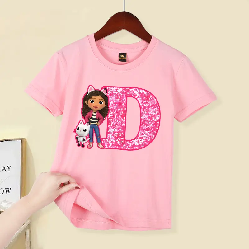 Gabby Dollhouse Child Short Sleeve T-shirt Cartoon Letters A-Z Print Polyester Tees Girls Summer Casual Tops Kids Clothing Gifts