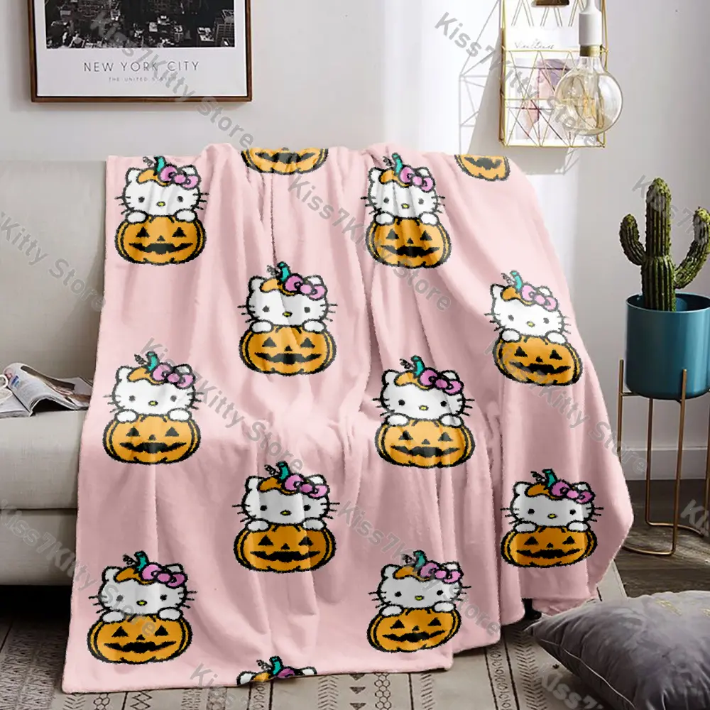 New Hello Kittys Halloween Blanket Flannel Winter Warm Shawl Anime Pumpkin Printed Throw Quilt for Bedroom Decor Home Bedsqread