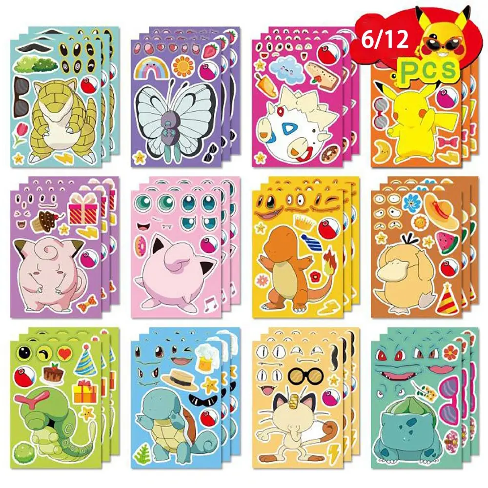 6/8/12/16Sheets Pokemon Puzzle Stickers Children Make a Face Pikachu Gengar Anime Assemble Jigsaw Kid DIY Game Party Decoration