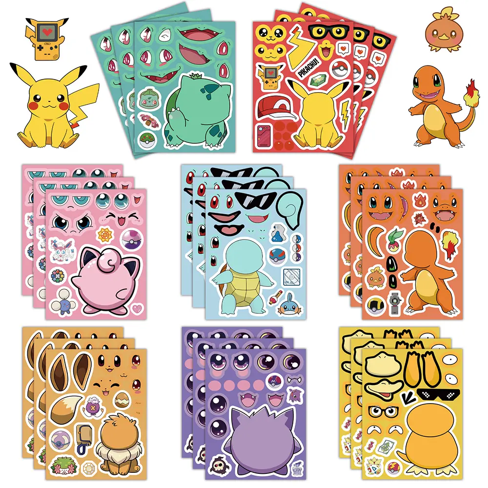 6/8/12/16Sheets Pokemon Puzzle Stickers Children Make a Face Pikachu Gengar Anime Assemble Jigsaw Kid DIY Game Party Decoration