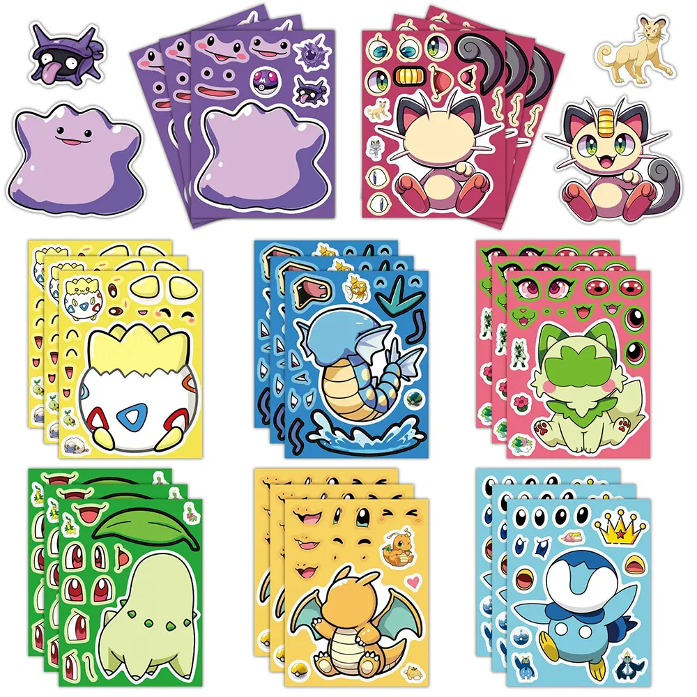 6/8/12/16Sheets Pokemon Puzzle Stickers Children Make a Face Pikachu Gengar Anime Assemble Jigsaw Kid DIY Game Party Decoration
