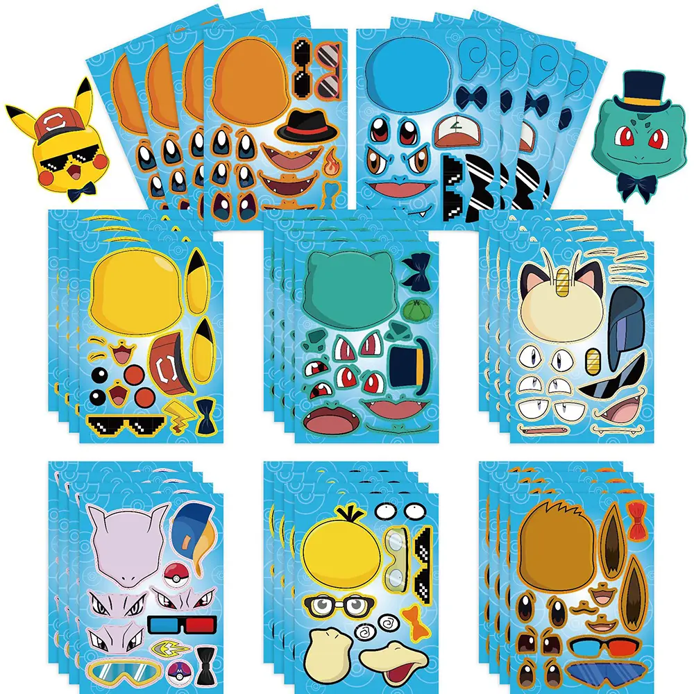 6/8/12/16Sheets Pokemon Puzzle Stickers Children Make a Face Pikachu Gengar Anime Assemble Jigsaw Kid DIY Game Party Decoration