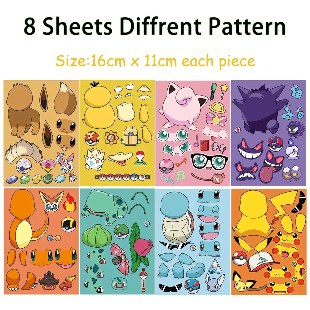 8/16 Sheets Pikachu Puzzle Stickers Pokemon Make-a-Face Decals Funny Assemble Jigsaw DIY Children Cartoon Sticker Kid Toys
