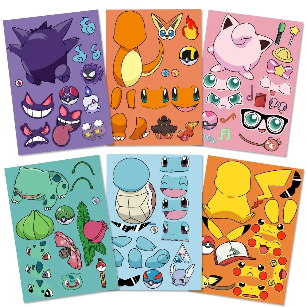 8/16 Sheets Pikachu Puzzle Stickers Pokemon Make-a-Face Decals Funny Assemble Jigsaw DIY Children Cartoon Sticker Kid Toys