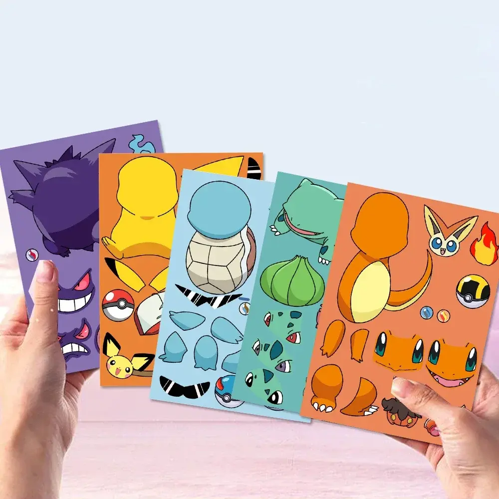 8/16 Sheets Pikachu Puzzle Stickers Pokemon Make-a-Face Decals Funny Assemble Jigsaw DIY Children Cartoon Sticker Kid Toys