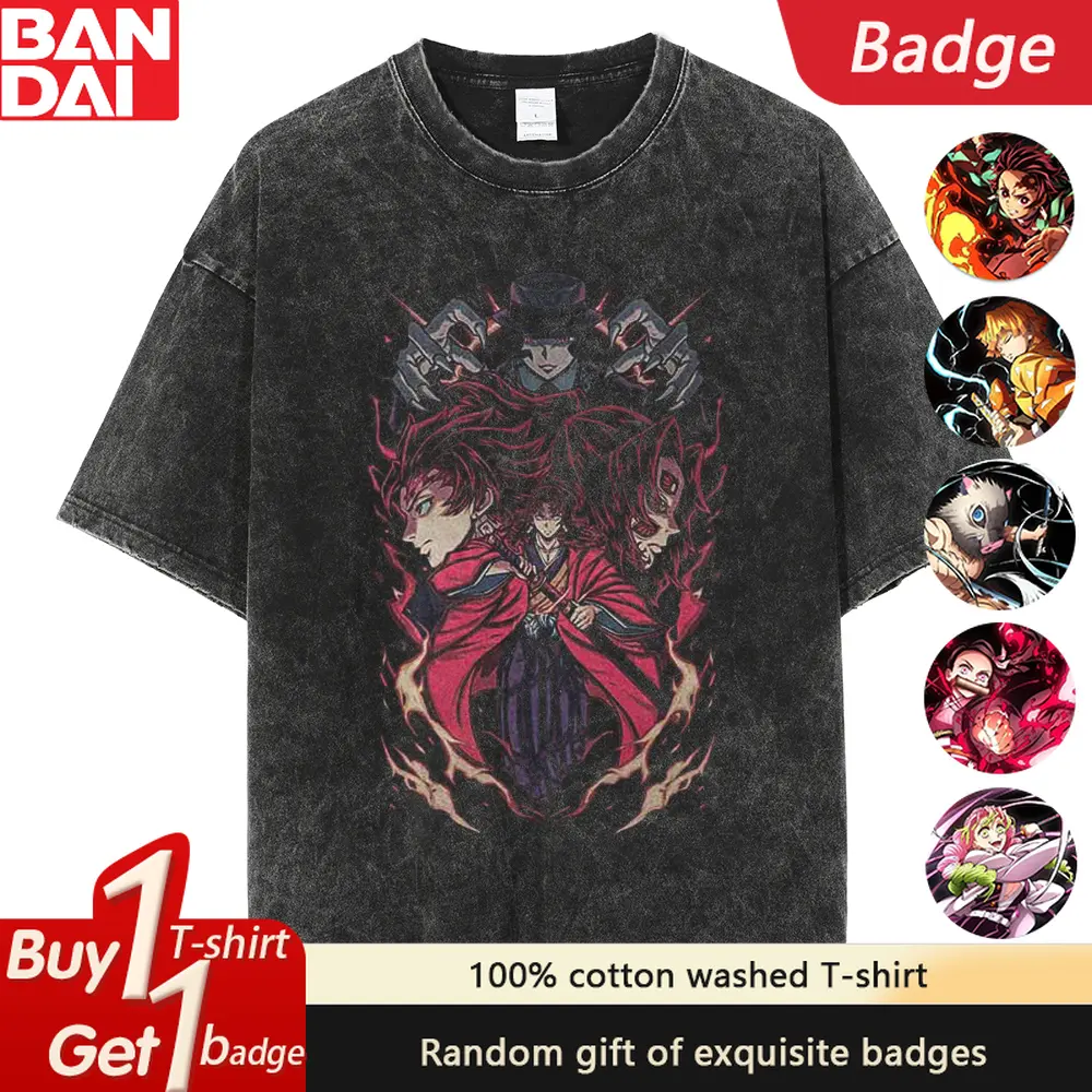 Demon Slayer Kokushibo Anime Printed Washed T-shirt Summer New Pure Cotton Men's and Women's Loose Casual Short Sleeved Top