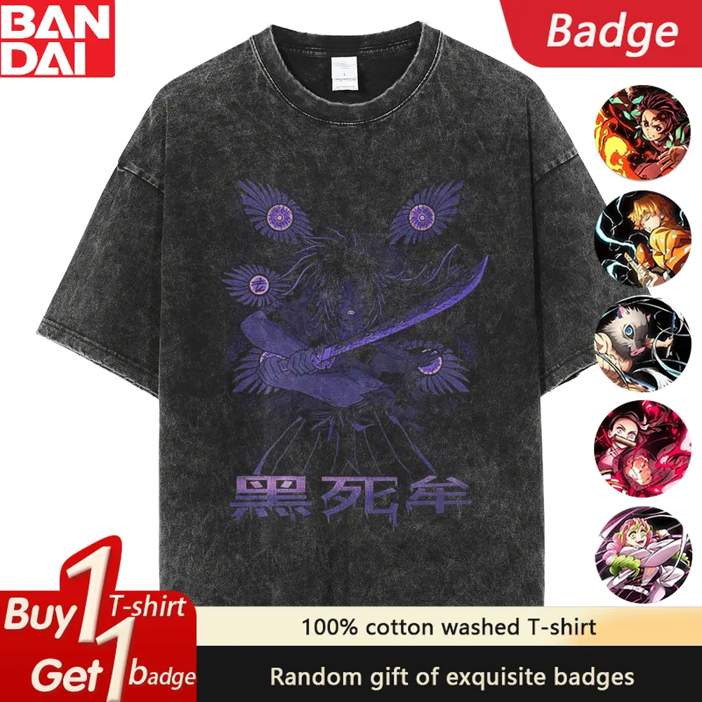 Demon Slayer Kokushibo Anime Printed Washed T-shirt Summer New Pure Cotton Men's and Women's Loose Casual Short Sleeved Top