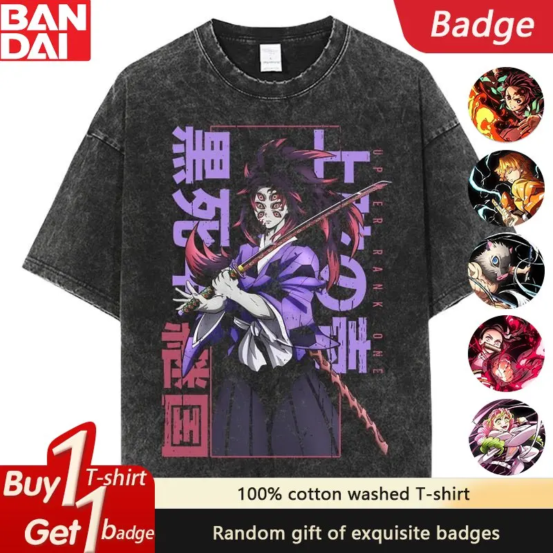 Demon Slayer Kokushibo Anime Printed Washed T-shirt Summer New Pure Cotton Men's and Women's Loose Casual Short Sleeved Top