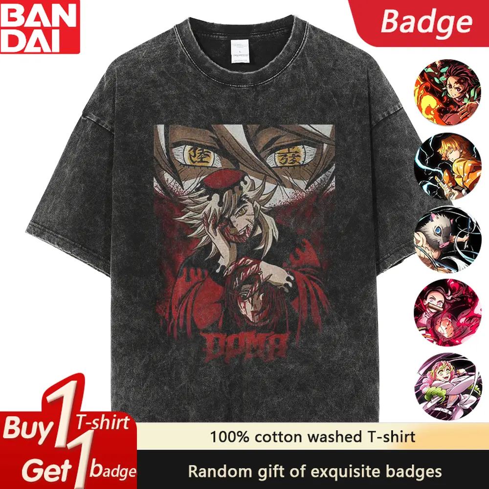 Demon Slayer Kokushibo Anime Printed Washed T-shirt Summer New Pure Cotton Men's and Women's Loose Casual Short Sleeved Top