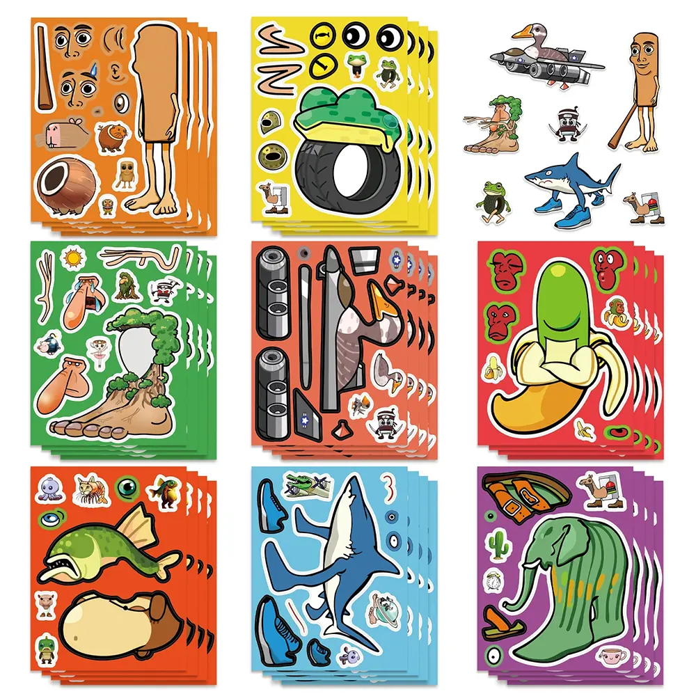 8/16sheets Tung Tung Sahur Puzzle Stickers Abstract Animal Make a Face Decal Funny Cartoon Children DIY Assemble Jigsaw Toy Gift