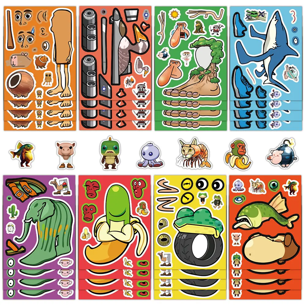 8/16sheets Tung Tung Sahur Puzzle Stickers Abstract Animal Make a Face Decal Funny Cartoon Children DIY Assemble Jigsaw Toy Gift
