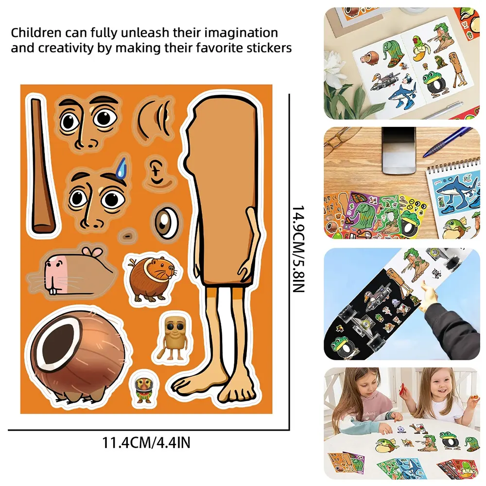 8/16sheets Tung Tung Sahur Puzzle Stickers Abstract Animal Make a Face Decal Funny Cartoon Children DIY Assemble Jigsaw Toy Gift