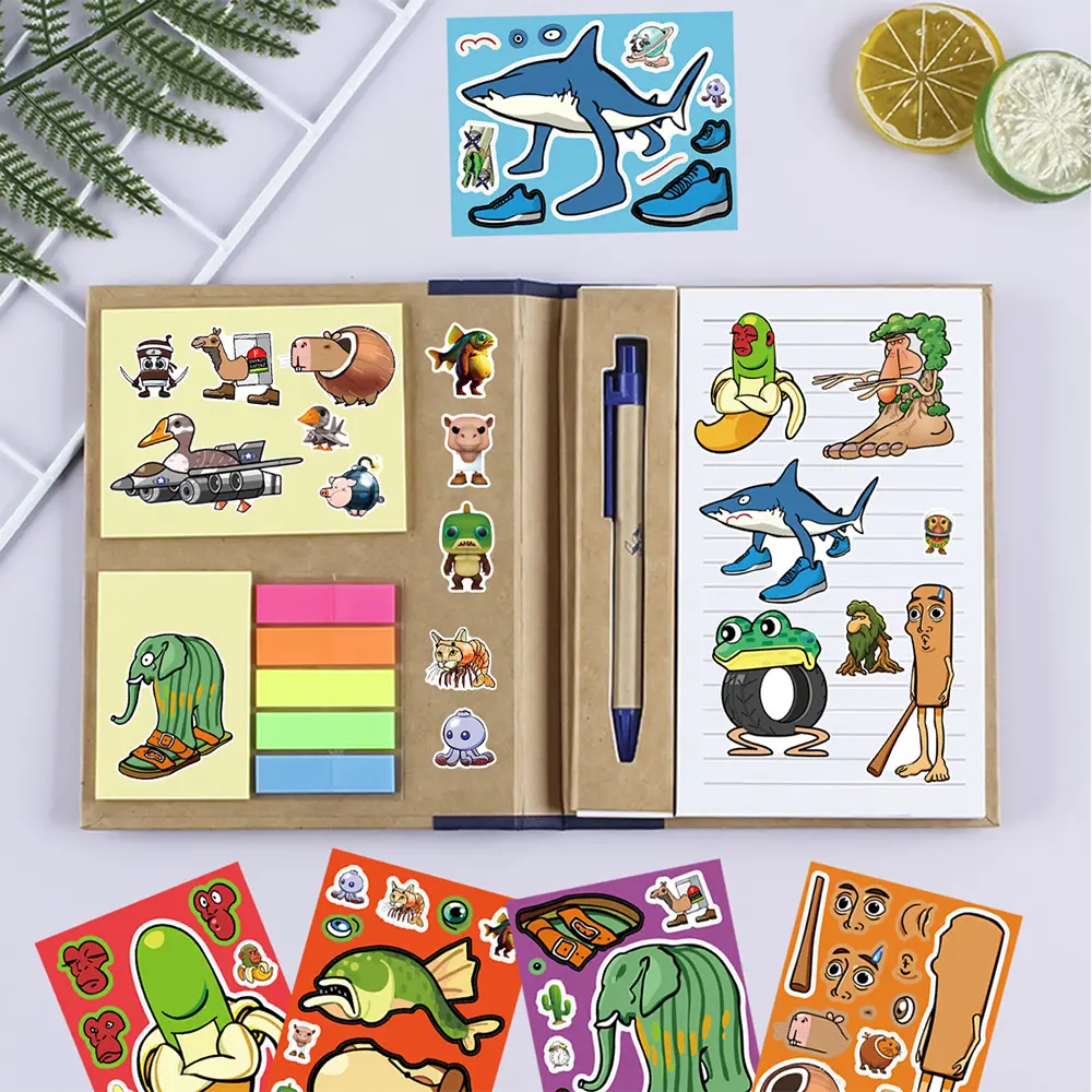 8/16sheets Tung Tung Sahur Puzzle Stickers Abstract Animal Make a Face Decal Funny Cartoon Children DIY Assemble Jigsaw Toy Gift