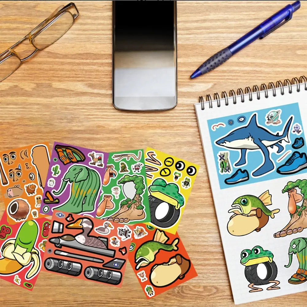 8/16sheets Tung Tung Sahur Puzzle Stickers Abstract Animal Make a Face Decal Funny Cartoon Children DIY Assemble Jigsaw Toy Gift