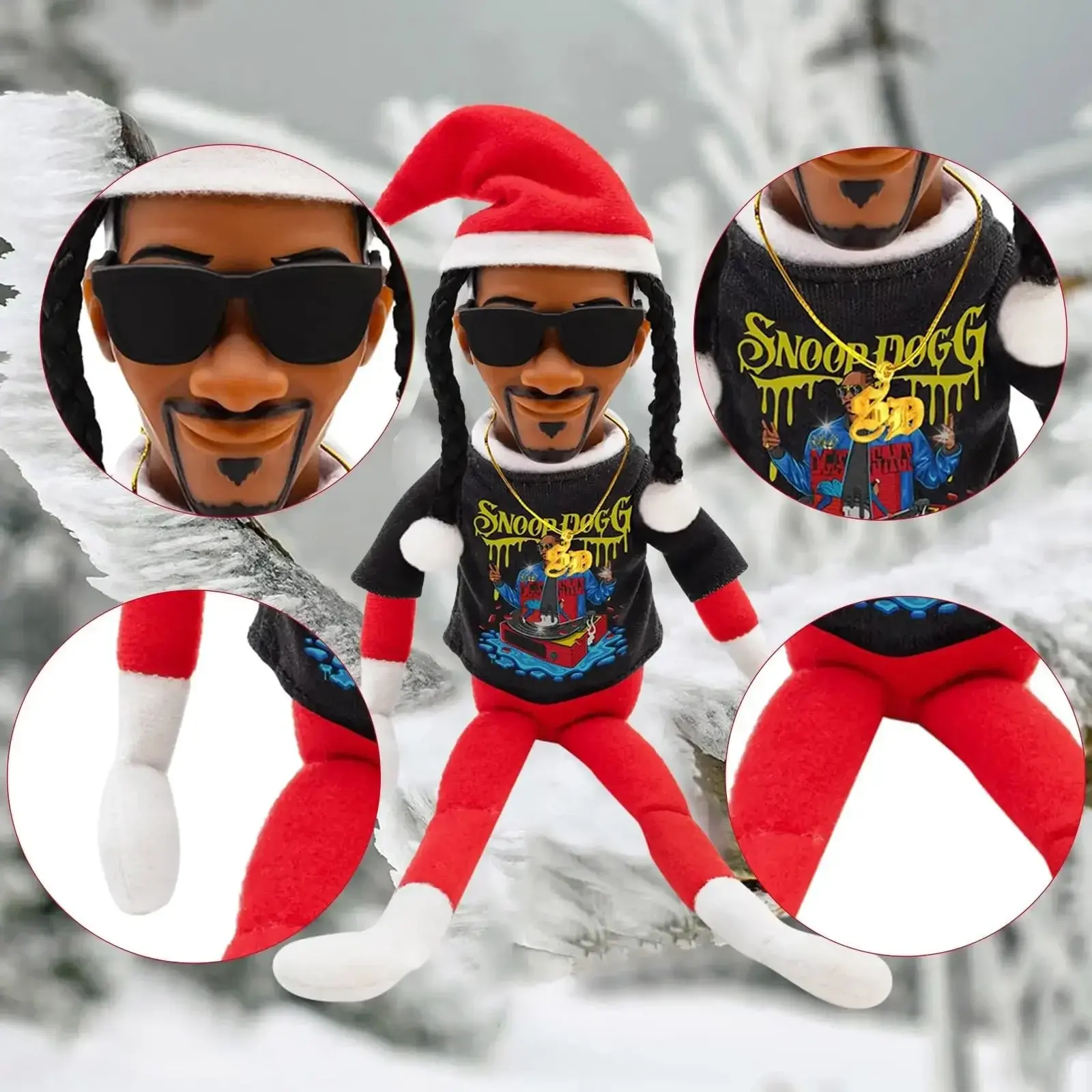 Snoop Stoop 2025 Plush,12" Figurine Elf,Sunglasses,Gold Chain,Bonus Christmas Plush for Home Festival Party Decoration (Red)