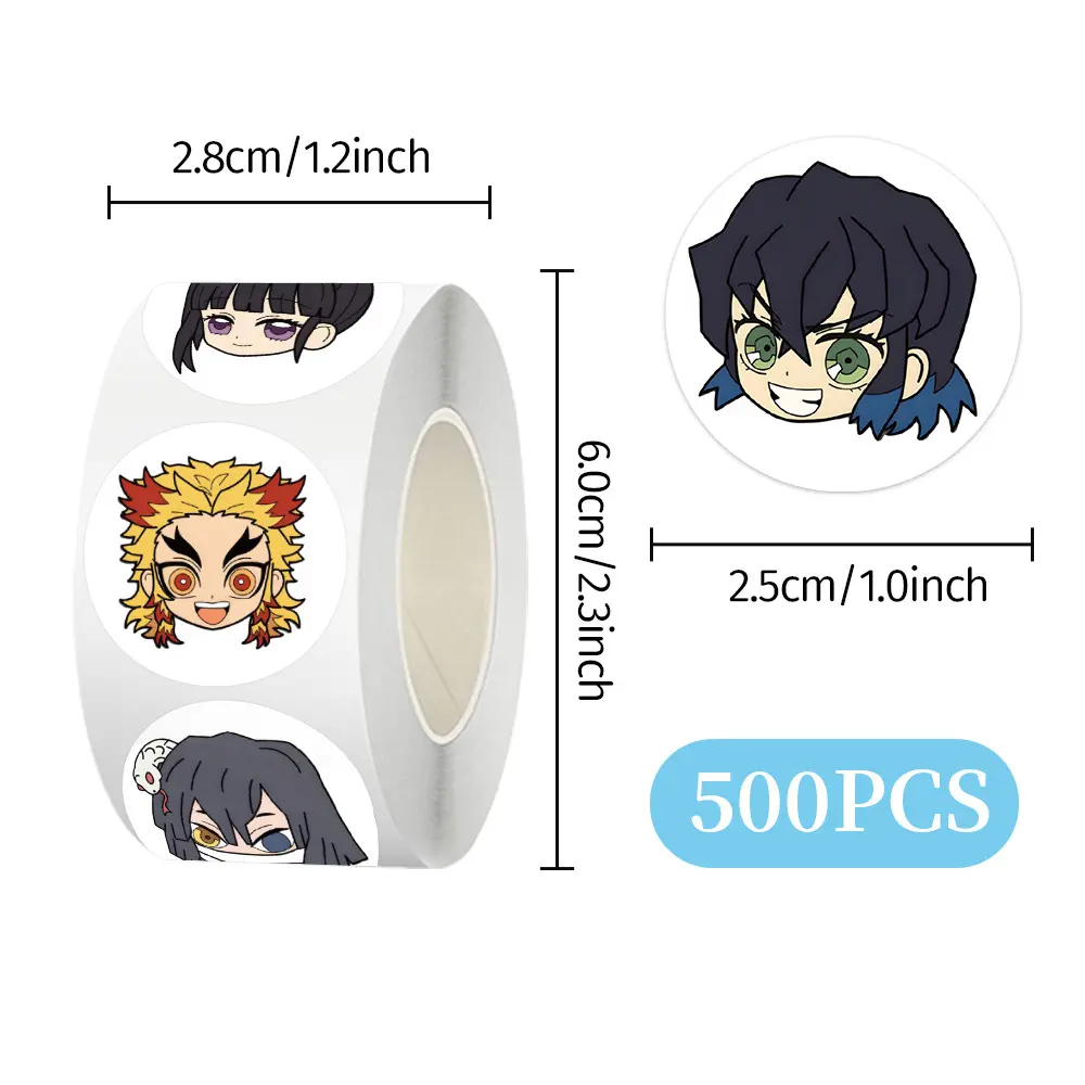 500pcs/Roll Kawaii Demon Slayer DIY Cartoon Stickers Anime Seal Label Decorative Cartoon Kids Party Candy Rolls Stickers Toys