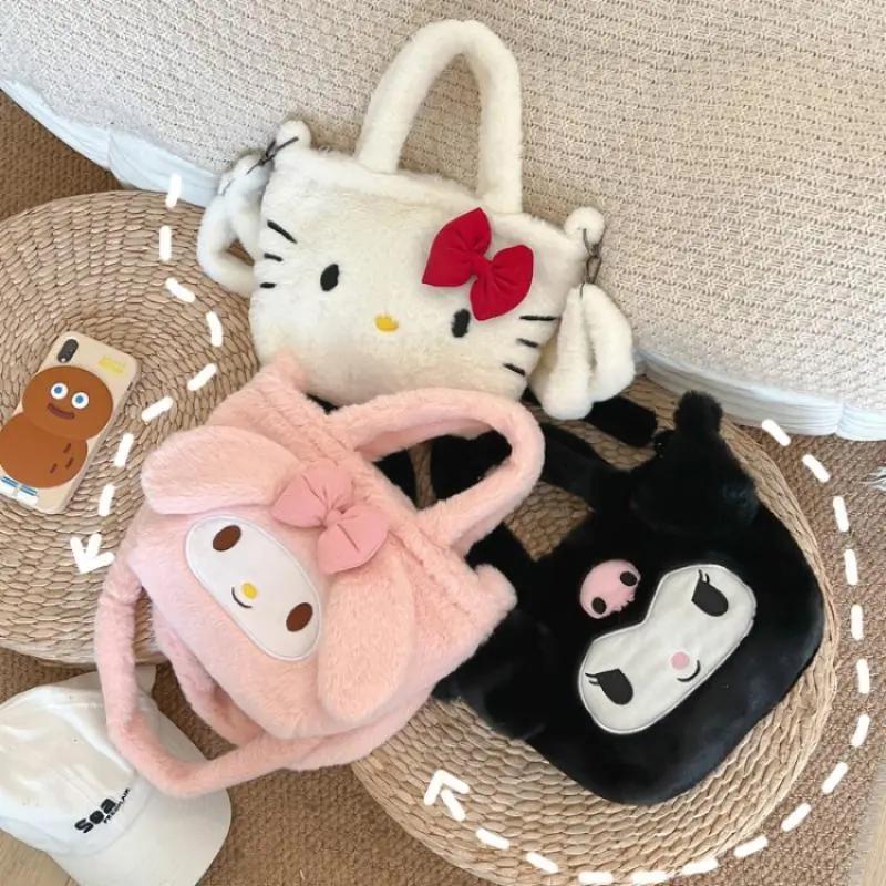 Kawaii Plushie Sanrio Kuromi Bag Kawaii Kt Cinnamoroll Shoulder Bag Cute Melody Stuffed Storage Handbag Birthday Gift for Girl
