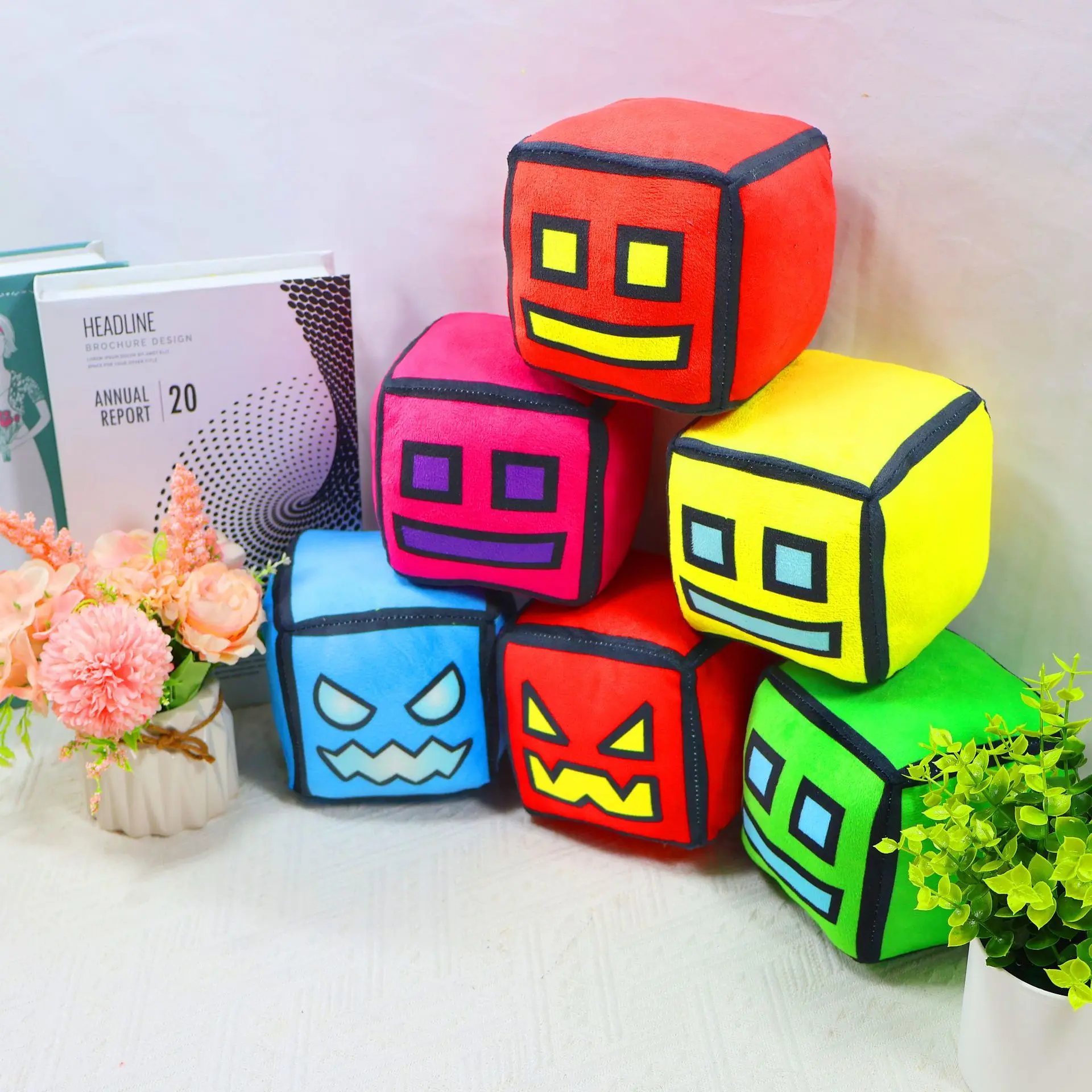 12cm New Halloween Geometry Dash Cube Plush Toys Small Pillow Stuffed Plushie Doll Square Pendant Game Cute Kids Birthday Gift