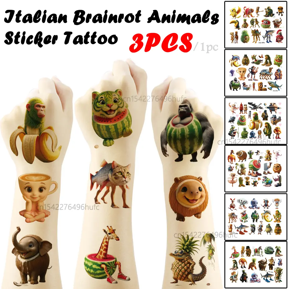 3/1pcs Waterproof Temporary Tattoo Italian Brainrot Abstract Animal Tattoo Stickers for Children Tung Sahur Sticker Xmas Gifts