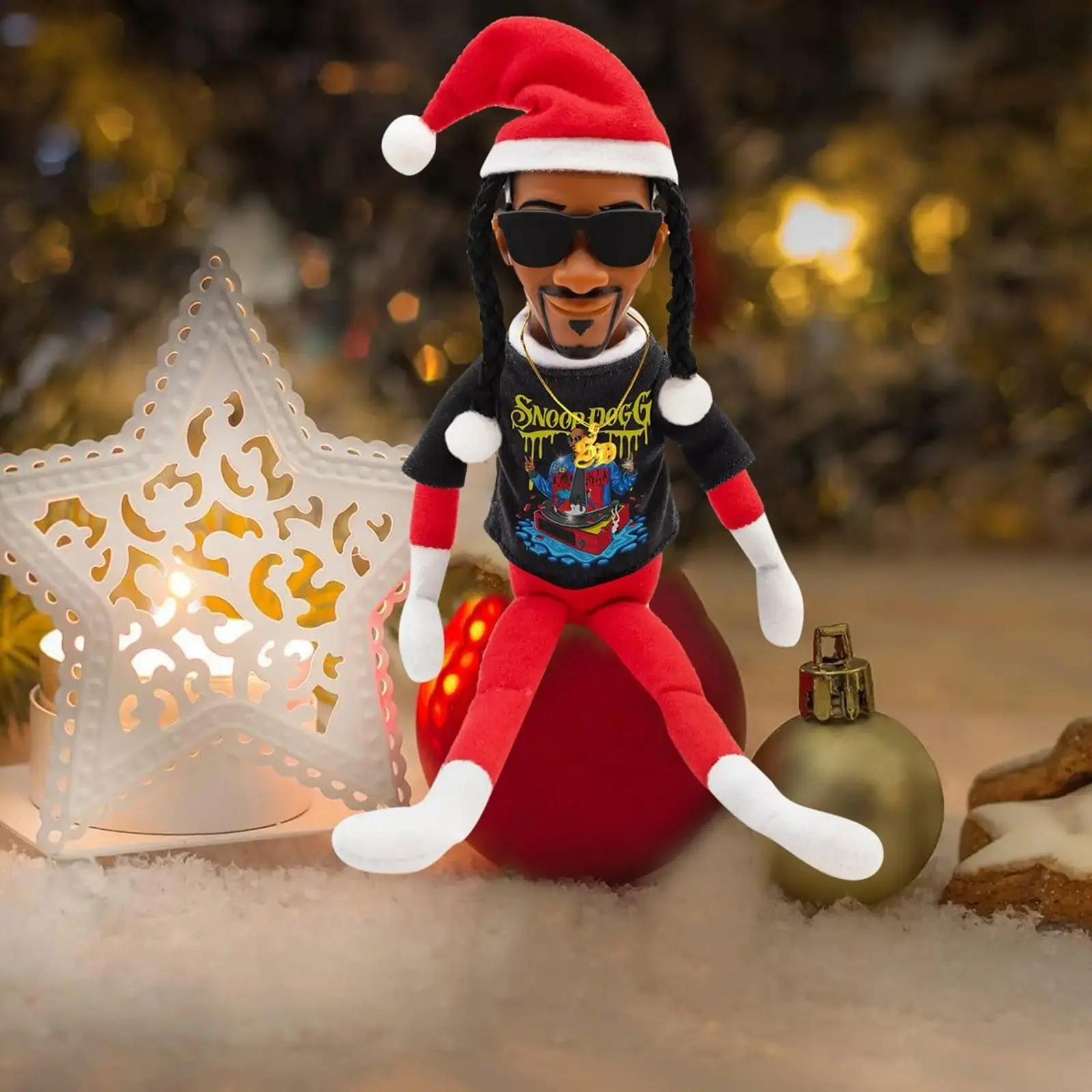 Snoop Stoop 2025 Plush,12" Figurine Elf,Sunglasses,Gold Chain,Bonus Christmas Plush for Home Festival Party Decoration (Red)