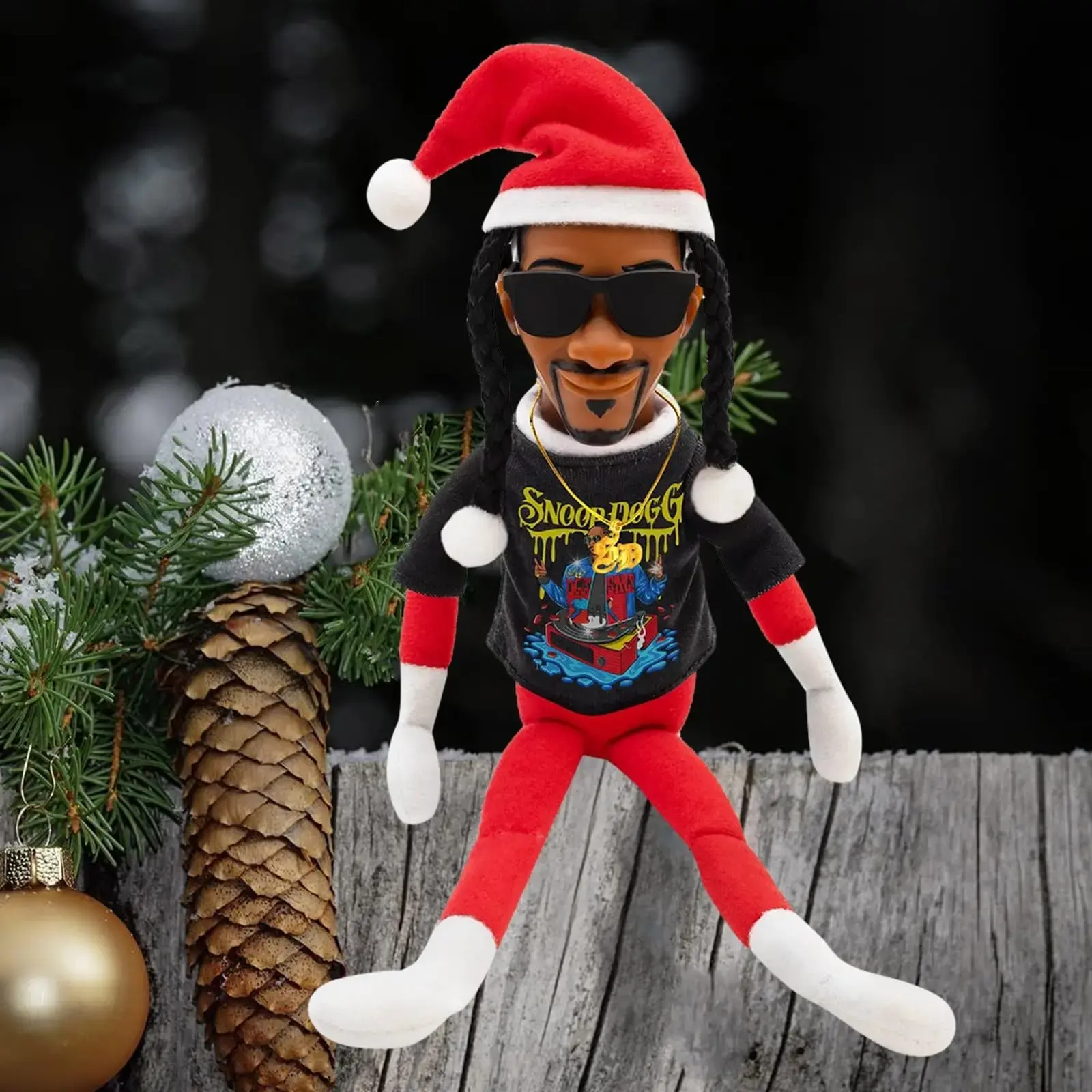 Snoop Stoop 2025 Plush,12" Figurine Elf,Sunglasses,Gold Chain,Bonus Christmas Plush for Home Festival Party Decoration (Red)