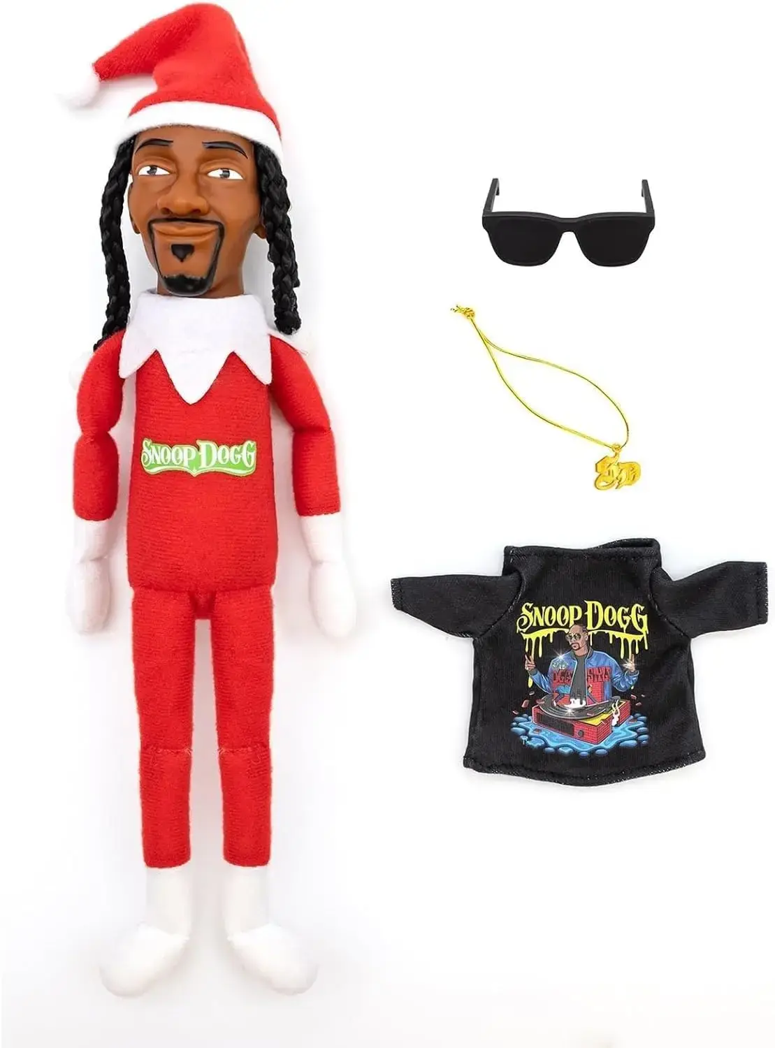 Snoop Stoop 2025 Plush,12" Figurine Elf,Sunglasses,Gold Chain,Bonus Christmas Plush for Home Festival Party Decoration (Red)