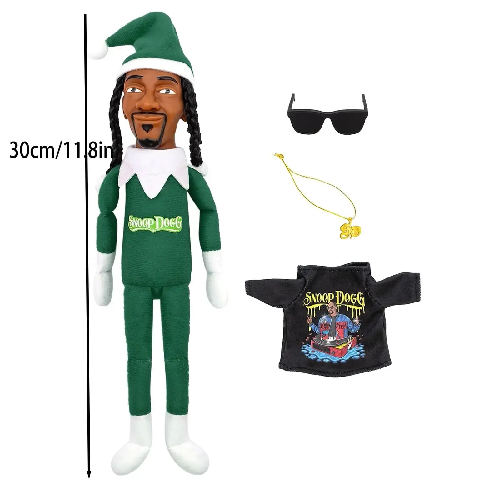 Snoop Stoop 2025 Plush,12" Figurine Elf,Sunglasses,Gold Chain,Bonus Christmas Plush for Home Festival Party Decoration (Red)