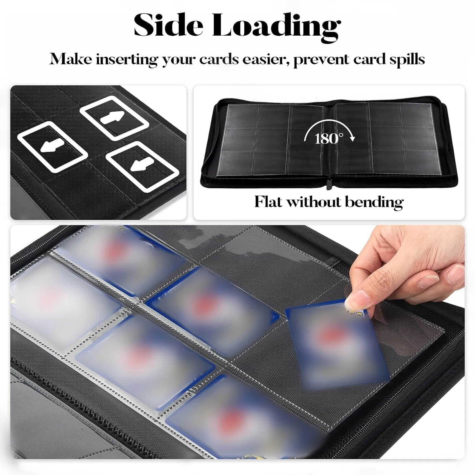 9 Pocket Trading Card Binder, PU Cover Zipper Card Collection Album, Sturdy 360 Side-Loading Card Folder Holder for Game Cards