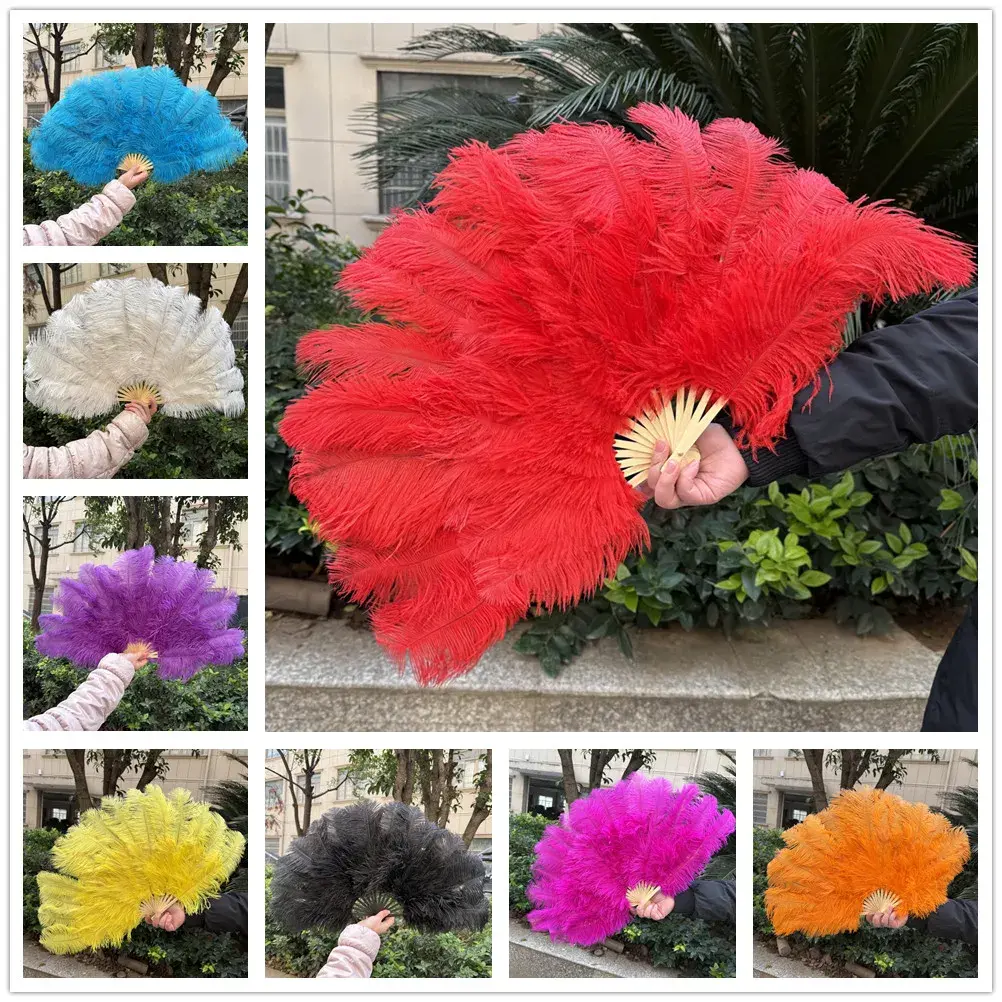 Colored Natural Ostrich Feather Fan 15Bone Handheld Ostrich Plumes Folding Fan for Carnival Dance Stage Show Performance Props