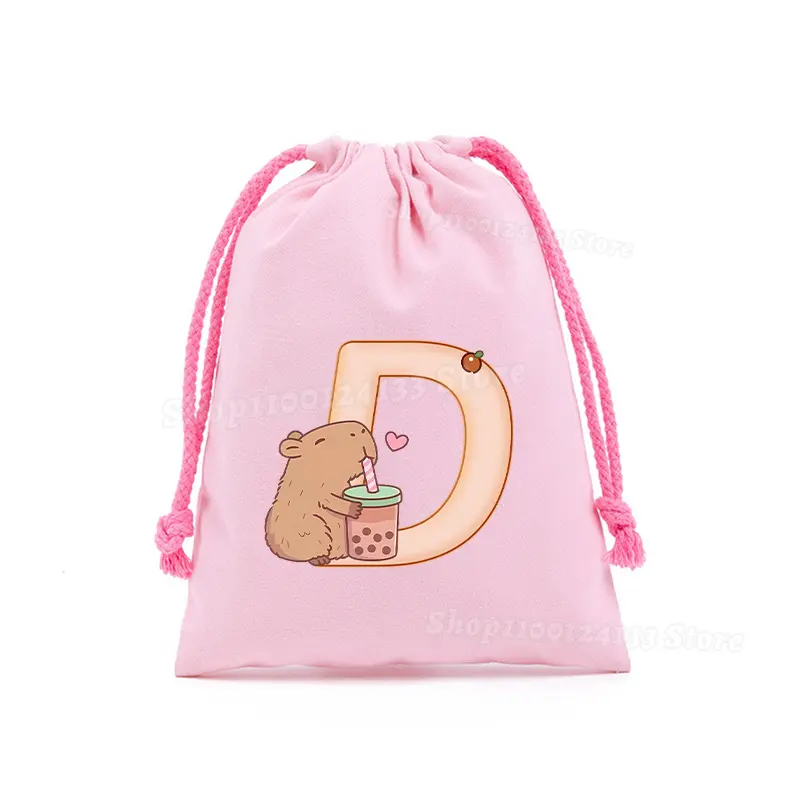 Capybara Cute Drawstring Bag Letters A-Z Anime Kawaii Prined Sport Girls Portable Kids Birthday Party Hand Pocket Gift Pouch Hot