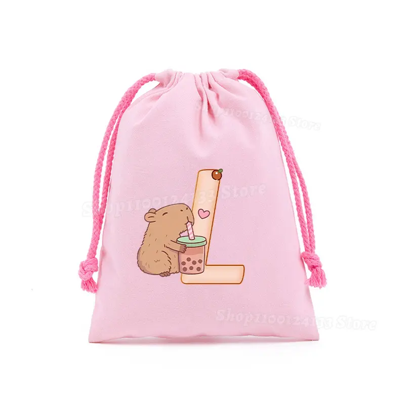 Capybara Cute Drawstring Bag Letters A-Z Anime Kawaii Prined Sport Girls Portable Kids Birthday Party Hand Pocket Gift Pouch Hot